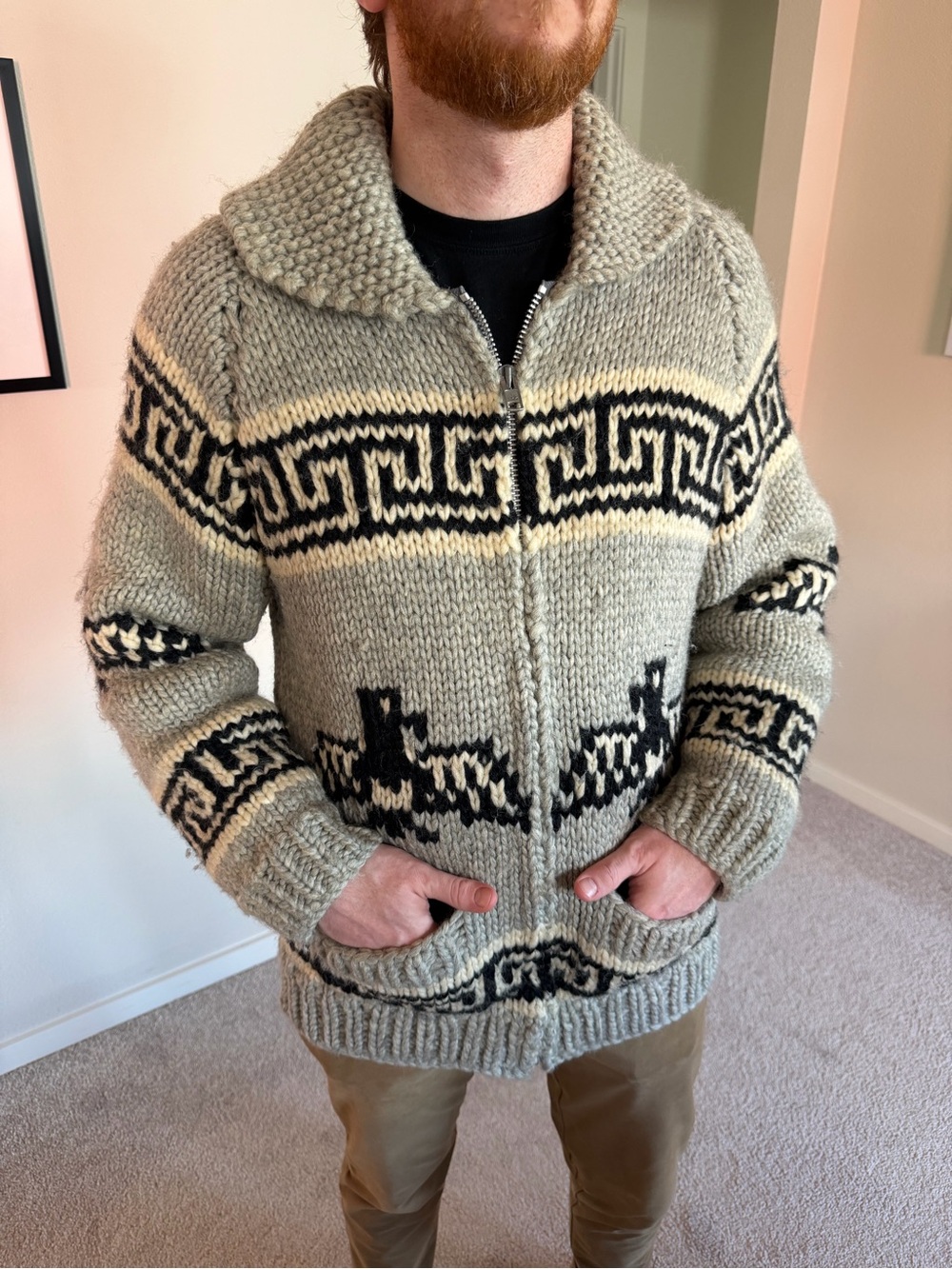 Men’s Vintage Handmade Zip-Up Sweater Cowichan Siwash Thunderbird Cardigan